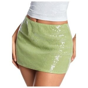 NWT MakeMeChic Light Green Sequin Y2K Low Rise Mini Skirt w/ Built in Shorts L